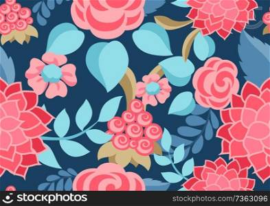 Seamless pattern with gentle flowers. Beautiful decorative natural plants, buds and leaves.. Seamless pattern with gentle flowers.