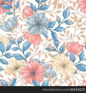 Seamless pattern with gentle hand drawn florals in pastel colors. Flower wallpaper in romantic retro style for fabric, backdrop, wrappint paper, cover, cards, textile.. Seamless Retro pattern