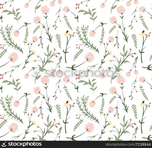 Seamless pattern with gentle hand drawn florals in pastel colors. Flower in romantic retro style for fabric, backdrop, wrappint paper, cover, cards, textile. Seamless pattern with gentle hand drawn florals in pastel colors.