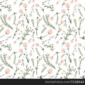 Seamless pattern with gentle hand drawn florals in pastel colors. Flower in romantic retro style for fabric, backdrop, wrappint paper, cover, cards, textile. Seamless pattern with gentle hand drawn florals in pastel colors.