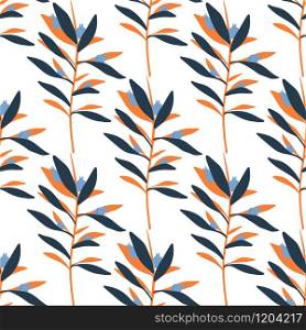 Seamless pattern with geometric branch leaves in retro style. Botanical wallpaper. Summer tropical leaf. Textile ornament. Design for fabric, textile print, wrapping paper. Vector illustration. Seamless pattern with geometric branch leaves in retro style. Botanical wallpaper. Summer tropical leaf.