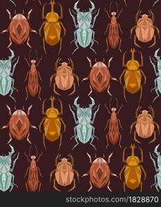 Seamless pattern with geometric insects in row on brown background. Vector texture with geometric stag beetle, flying ant, ladybug in retro beige colors. Stylish wallpaper with flat hand drawn bugs. Seamless pattern with geometric insects in row on brown background. Vector texture with geometric stag beetle, flying ant, ladybug in retro beige colors. Stylish wallpaper
