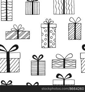 Seamless pattern with gift box with different bows. Hand drawn vector illustration.