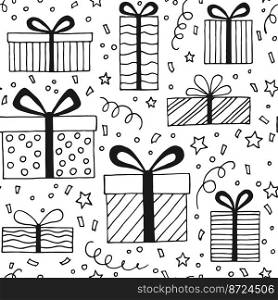 Seamless pattern with gift box with different bows. Hand drawn vector illustration.