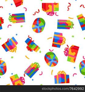 Seamless pattern with gift boxes. Colorful presents for celebration, discounts or promotions.. Seamless pattern with gift boxes.