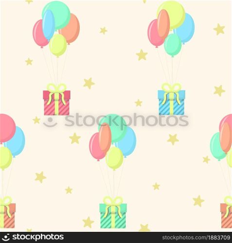 Seamless pattern with gift boxes on balloons. Festive background with a surprise. Template for wrapping gifts, paper, fabric and wallpaper for birthday, vector illustration.. Seamless pattern with gift boxes on balloons.