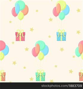 Seamless pattern with gift boxes on balloons. Festive background with a surprise. Template for wrapping gifts, paper, fabric and wallpaper for birthday, vector illustration.. Seamless pattern with gift boxes on balloons.