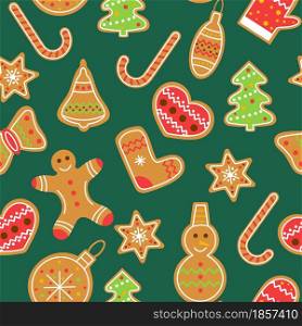 Seamless pattern with gingerbread Christmas cookies vector illustration. Green background with festive glazed cookies. Template for New Year s wrapping of gifts, wallpaper and fabric.. Seamless pattern with gingerbread Christmas cookies vector illustration.