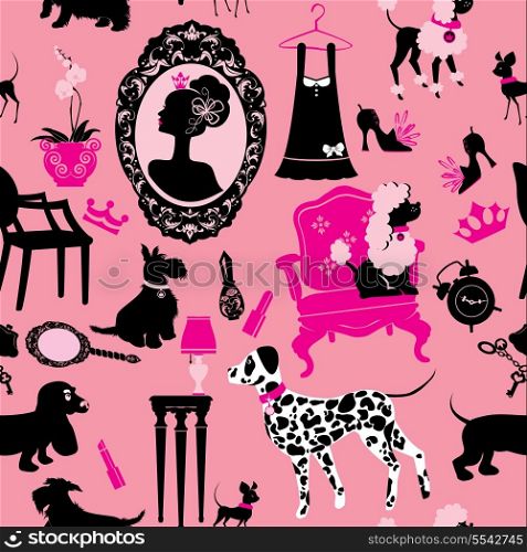 Seamless pattern with glamour accessories, furniture, girl portrait and dogs (Dalmatian, dachshund, terrier, poodle, chihuahua) - black silhouettes on pink background. Ready to use as swatch.