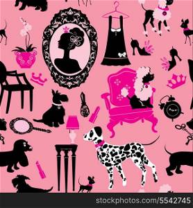 Seamless pattern with glamour accessories, furniture, girl portrait and dogs (Dalmatian, dachshund, terrier, poodle, chihuahua) - black silhouettes on pink background. Ready to use as swatch.