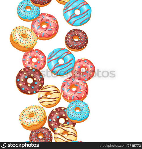 Seamless pattern with glaze donuts and sprinkles. Background of various colored sweet pastries.. Seamless pattern with glaze donuts and sprinkles.