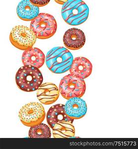Seamless pattern with glaze donuts and sprinkles. Background of various colored sweet pastries.. Seamless pattern with glaze donuts and sprinkles.