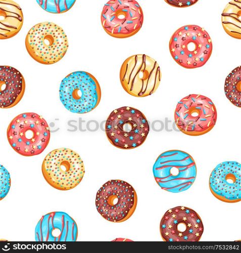 Seamless pattern with glaze donuts and sprinkles. Background of various colored sweet pastries.. Seamless pattern with glaze donuts and sprinkles.