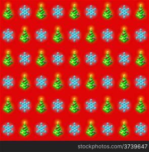 Seamless pattern with glowing christmas trees with baubles and snowflakes