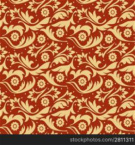 Seamless pattern with gold abstract flowers on a red background (can be repeated and scaled in any size)