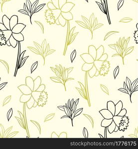 Seamless pattern with gold and black daffodils flowers. Botanical natural solid floral and leafy pattern. Hand drawing. Line art.. Seamless pattern with gold and black daffodils flowers. Botanical natural solid floral and leafy pattern.