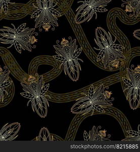 Seamless pattern with golden beetles and chains. Golden pattern with beetles. Vector illustration. Seamless pattern with golden beetles and chains.