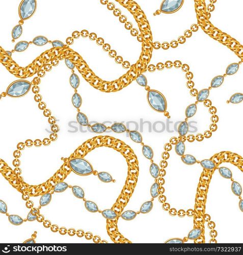 Seamless pattern with golden chains and gem stones. Vintage luxury precious background.. Seamless pattern with golden chains and gem stones.