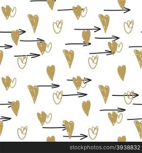 Seamless pattern with golden hearts and black arrows. Valentines Day background. Can be used for textule, wallpapers, web, greeting cards and scrapbooking design