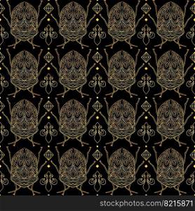 Seamless pattern with golden insects and diamonds on a black background. Golden pattern with bugs. Vector illustration. pattern with golden insects. Vector illustration