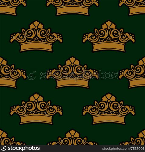 Seamless pattern with golden ornamental crowns, flowers and foliage curlicues on dark green background for luxury wallpaper or textile design. Seamless pattern with golden crowns
