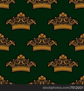Seamless pattern with golden ornamental crowns, flowers and foliage curlicues on dark green background for luxury wallpaper or textile design. Seamless pattern with golden crowns