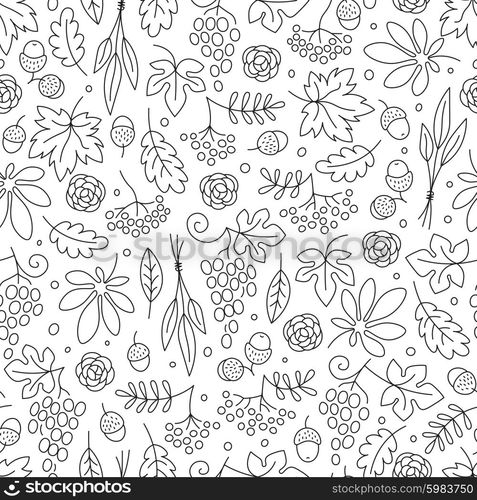 Seamless pattern with grapes, acorns, leaves and flowers. Beautiful background for Thanksgiving. Vector Illustration.