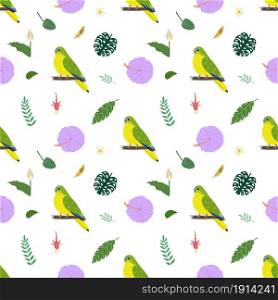 Seamless pattern with grass parrots Neophema, tropical leaves and flowers. Cute baby print for fabric and textile.. Seamless pattern with grass parrots Neophema, tropical leaves and flowers.