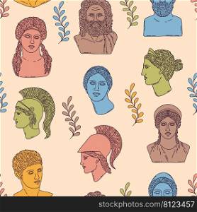 Seamless pattern with greek sculptures.Gods and goddess in doodle style.