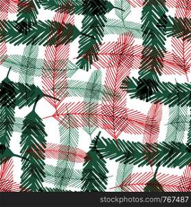 Seamless pattern with green and red fir tree branches. Vector checkered texture for Christmas textile design. Seamless pattern with green and red fir tree branches. Vector checkered texture for Christmas textile design.