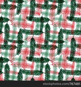 Seamless pattern with green and red fir tree branches. Vector checkered for Christmas textile design. Seamless pattern with green and red fir tree branches. Vector checkered for Christmas textile design.