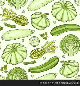 Seamless pattern with green cabbage, celery and squash. Hand drawn vector background. 
