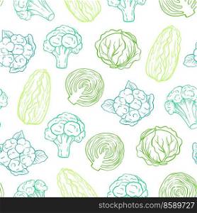Seamless pattern with green cabbage. Hand drawn vector background. Healthy eating concept