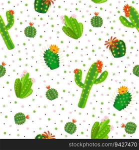 Seamless pattern with green cacti. Cactus and succulents background. Plants with blossom and thorns. Decor textile, wrapping paper, wallpaper design. Cute childish print for fabric. Vector concept. Seamless pattern with green cacti. Cactus and succulents background. Plants with blossom and thorns. Decor textile, wrapping paper, wallpaper design. Cute childish print. Vector concept