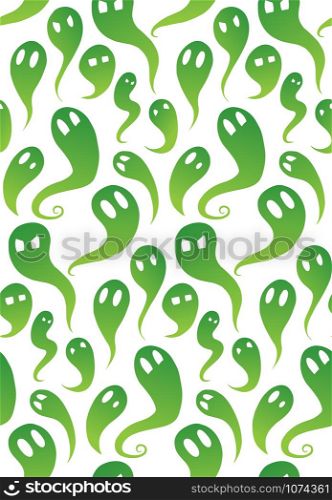 Seamless pattern with green cartoon ghosts with emotions. Spirits in different forms on white background. Halloween wallpaper for decorating. Vector texture for backdrop and your design.. Seamless pattern with green cartoon ghosts with emotions. Spirits in different forms on white background. Halloween wallpaper for decorating. Vector texture