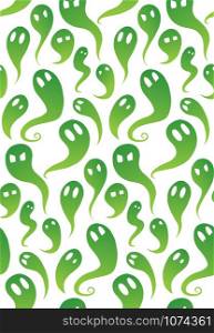 Seamless pattern with green cartoon ghosts with emotions. Spirits in different forms on white background. Halloween wallpaper for decorating. Vector texture for backdrop and your design.. Seamless pattern with green cartoon ghosts with emotions. Spirits in different forms on white background. Halloween wallpaper for decorating. Vector texture