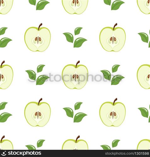 Seamless pattern with green half apples and leaves on white background. Organic fruit. Cartoon style. Vector illustration for design, web, wrapping paper, fabric, wallpaper.