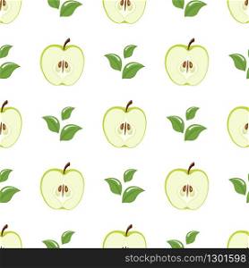 Seamless pattern with green half apples and leaves on white background. Organic fruit. Cartoon style. Vector illustration for design, web, wrapping paper, fabric, wallpaper.