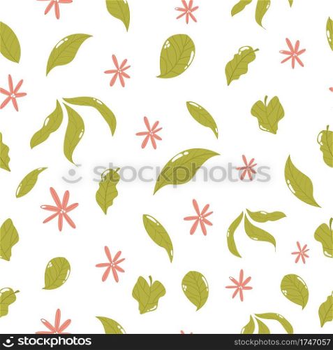 Seamless pattern with green leavrs and flowers, Vector botanical illustration. Seamless pattern with green leavrs and flowers,