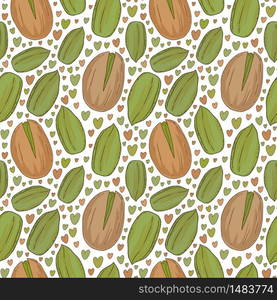 Seamless pattern with green pistachios. Vector hand drawn nuts print, wrapping paper, kitchen textile and packaging design. Seamless pattern with green pistachios. Vector hand drawn nuts print, wrapping paper, kitchen textile and packaging design.