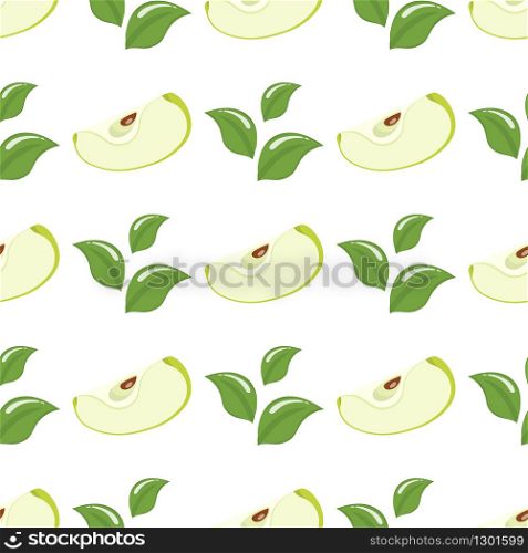 Seamless pattern with green slice apples and leaves on white background. Organic fruit. Cartoon style. Vector illustration for design, web, wrapping paper, fabric, wallpaper.