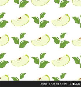 Seamless pattern with green slice apples and leaves on white background. Organic fruit. Cartoon style. Vector illustration for design, web, wrapping paper, fabric, wallpaper.