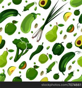 Seamless pattern with green vegetables and fruits. Vector flat illustration. Seamless pattern with green vegetables and fruits