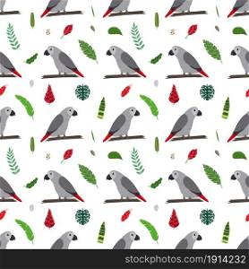 Seamless pattern with grey african parrots Jaco, tropical leaves and flowers. Cute baby print for fabric and textile.. Seamless pattern with grey african parrots Jaco and tropical leaves and flowers