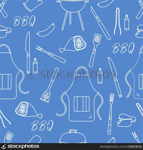 Seamless pattern with grill and barbecue tools. BBQ party background. Design for party card, banner, poster or print.