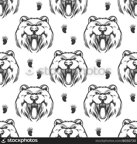 Seamless pattern with grizzly bear. Seamless pattern with hand drawn grizzly bear head and bear footprints. Vector illustration