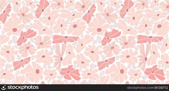 Seamless pattern with groovy daisy flowers. Floral horizontal transparent background. Vector Illustration. Aesthetic modern art hand drawn for wallpaper, design, textile, packaging, decor 