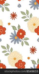 Seamless pattern with groovy flowers and stems on white pattern. Hippie mood. Flower power. Vector retro floral texture. Nature background for fabric and wallpaper. Seamless pattern with groovy flowers and stems on white pattern. Hippie mood. Flower power. Vector retro floral texture. Nature background