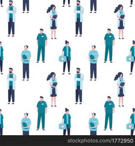 Seamless pattern with group of various medical staff. Doctors,nurse and surgeon. Male and female characters in trendy style. Medicine texture background template. Flat vector illustration. Seamless pattern with group of various medical staff. Doctors,nurse and surgeon. Male and female characters in trendy style.