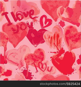 Seamless pattern with grunge aquarelle hearts and words I LOVE YOU - Valentines Day Background.